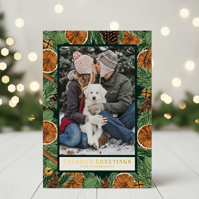 Rustic Orange Pine Customizable Photo  Foil Holiday Card (Creator Uploaded)