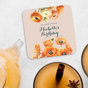 Rustic Orange Pink Garden Flowers Birthday Party Square Paper Coaster