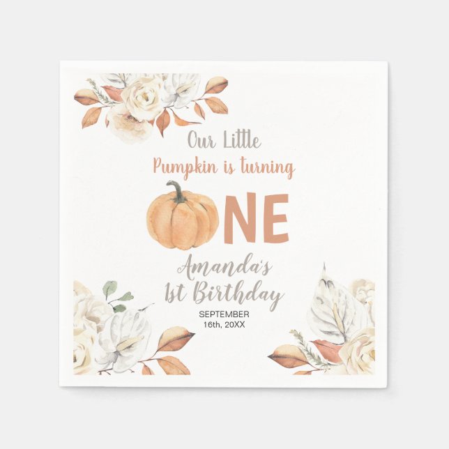 Rustic Orange Pumpkin 1st Birthday Floral Napkins (Front)