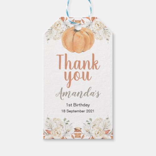 Rustic Orange Pumpkin 1st Birthday Gift Tags