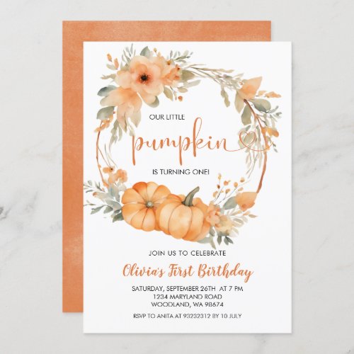 Rustic Orange Pumpkin 1st Birthday Party  Invitation