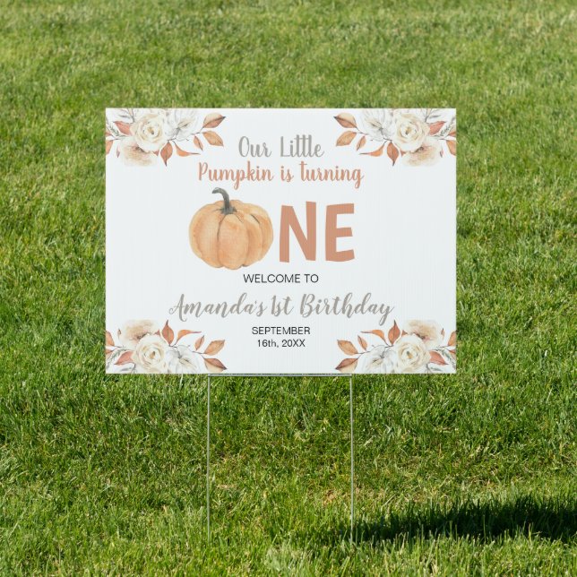 Rustic Orange Pumpkin 1st Birthday Welcome Yard Sign (Insitu)