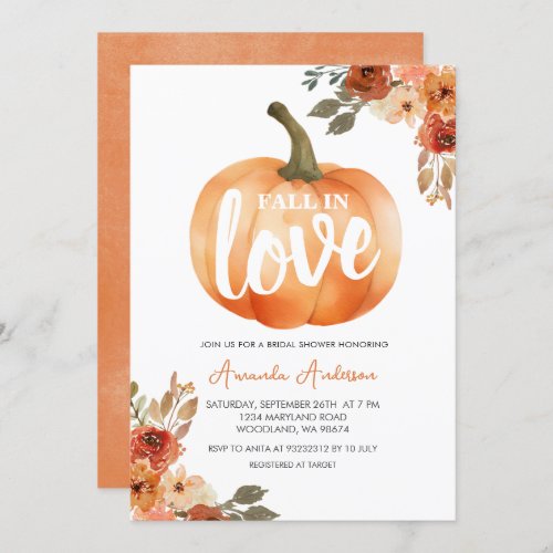 Rustic Orange Pumpkin Fall in Love Bridal Shower Invitation