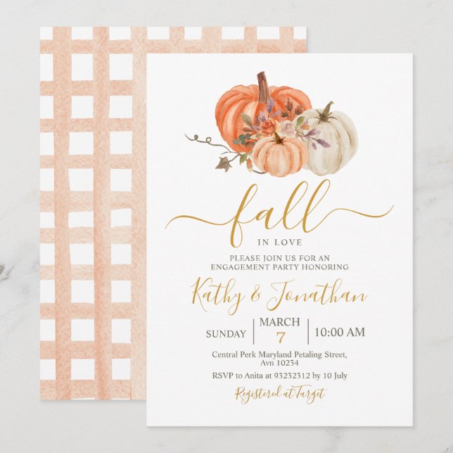 Rustic Orange Pumpkin Floral Engagement Party Invitation (Front/Back)