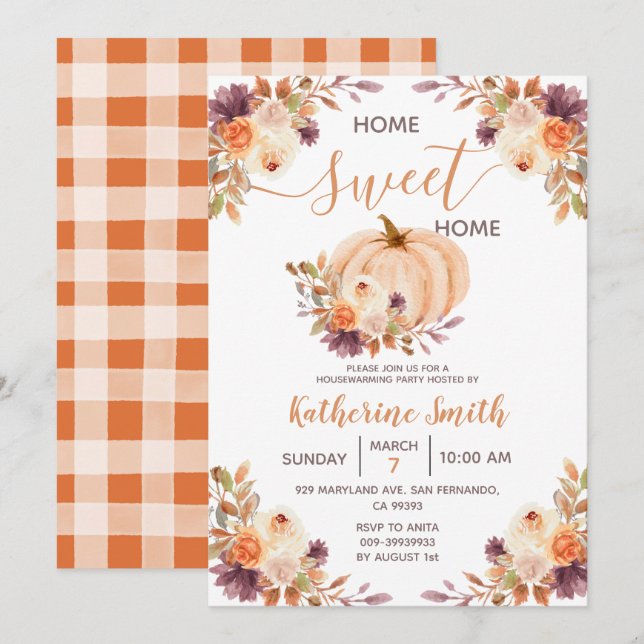 Rustic Orange Pumpkin Floral Housewarming Party Invitation (Front/Back)