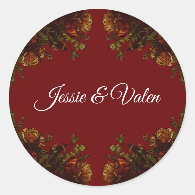Rustic Orange Red Fall Elegant Gothic Wedding Classic Round Sticker (Front)