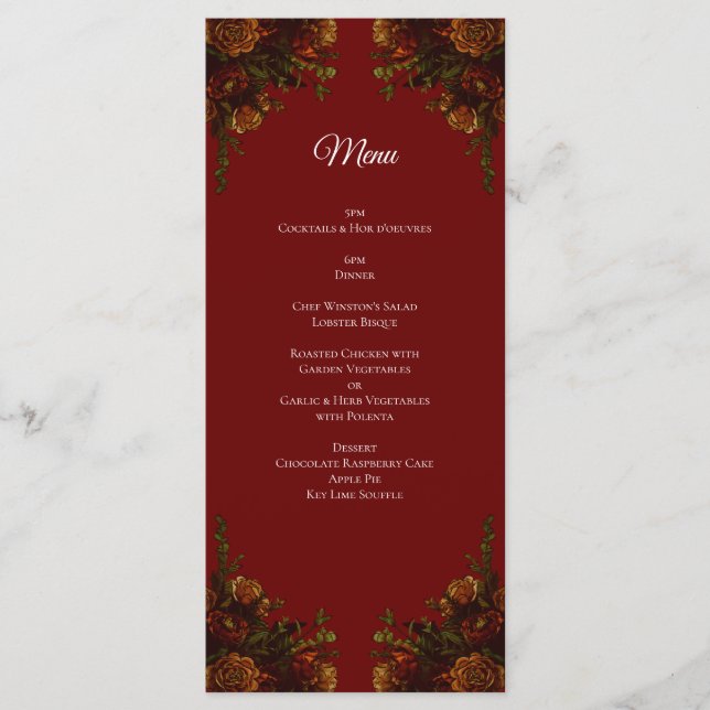 Rustic Orange Red Fall Elegant Gothic Wedding Menu (Front)