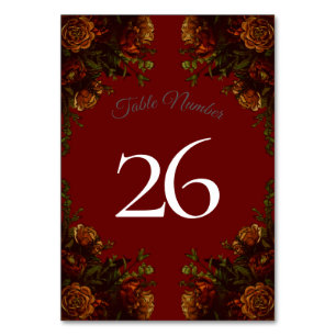 Rustic Orange Red Fall Elegant Gothic Wedding Table Number