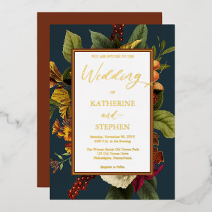 Rustic Orange Red Floral Bouquet Teal Wedding In Foil Invitation