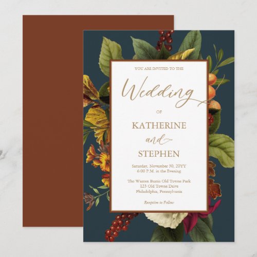 Rustic Orange | Red Floral Bouquet Teal Wedding Invitation