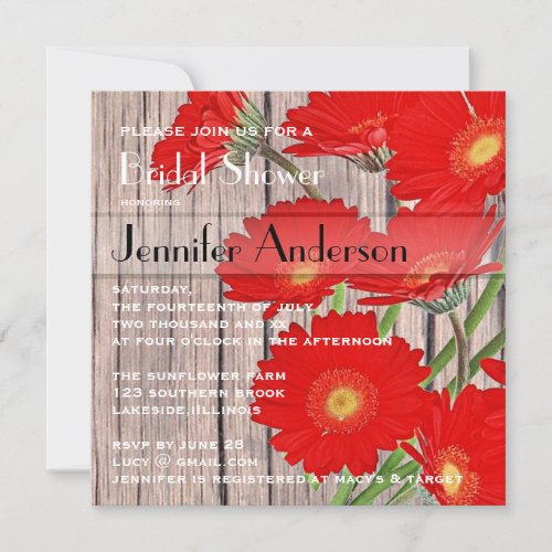 Rustic Orange Red Gerbera Country Bridal Shower Custom Announcements