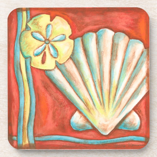 Rustic Orange Seashells Beverage Coaster (Front)