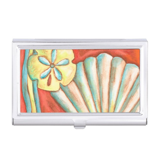 Rustic Orange Seashells Business Card Holder (Front)