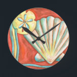 Rustic Orange Seashells Round Clock<br><div class="desc">Lay out on the warm sand and find the hidden treasures! This painting by Nancy Slocum captures the beautiful water life found ashore. It captures the a beautiful orange seashell,  an orange starfish,  and a vibrant blue sand dollar. Get your beautiful ocean art today on your next Zazzle product.</div>