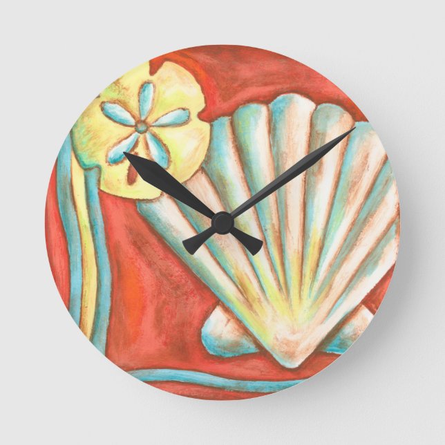 Rustic Orange Seashells Round Clock (Front)