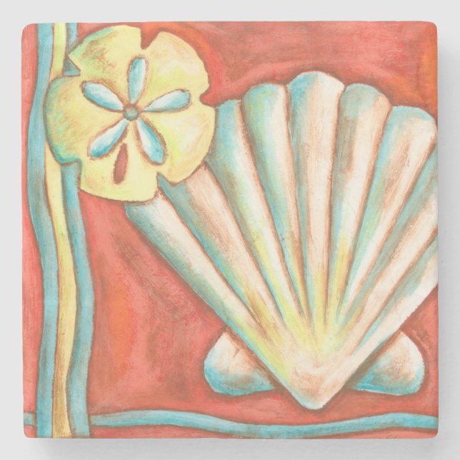 Rustic Orange Seashells Stone Coaster (Front)