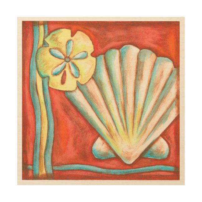 Rustic Orange Seashells Wood Wall Decor (Front)