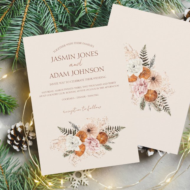 Rustic Orange Slice Peach and White Floral Wedding Invitation (Winter Orange Slices Dried Citrus Cinnamon Wedding Invitation)