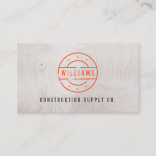 Rustic Orange Stamp on Gray Woodgrain Construction Business Card