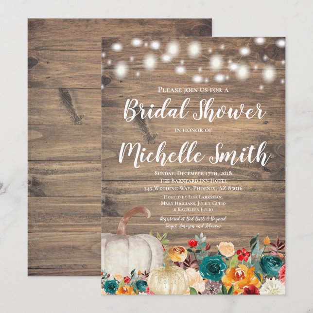 Rustic Orange Teal Gold Pumpkin Bridal Shower Invitation (Front/Back)
