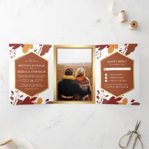 Rustic Orange Terracotta Leaves Foliage Wedding Tri-Fold Invitation