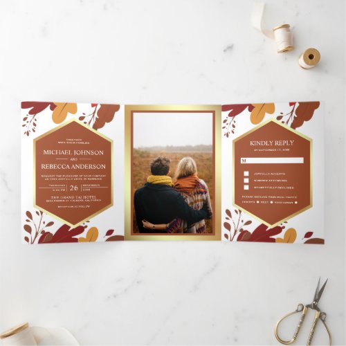 Rustic Orange Terracotta Leaves Foliage Wedding Tri_Fold Invitation