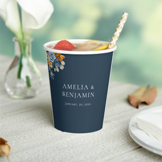 Rustic Orange Terracotta Navy Blue Rust Wedding Paper Cups (Insitu)