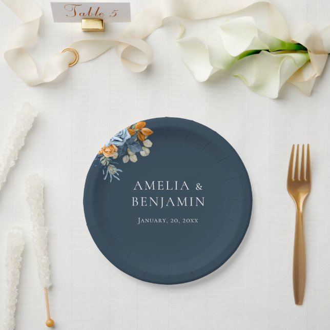 Rustic Orange Terracotta Navy Blue Rust Wedding Paper Plates (Wedding)