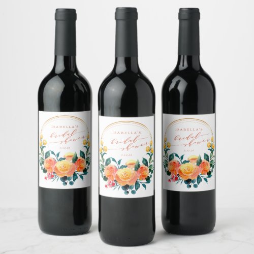 Rustic Orange Watercolor Floral Bridal Shower  Wine Label