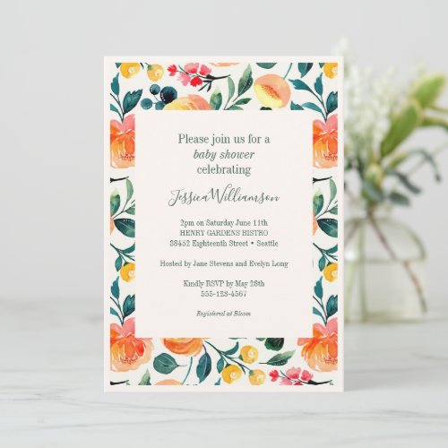 Rustic Orange Watercolor Flowers Boho Baby Shower Invitation