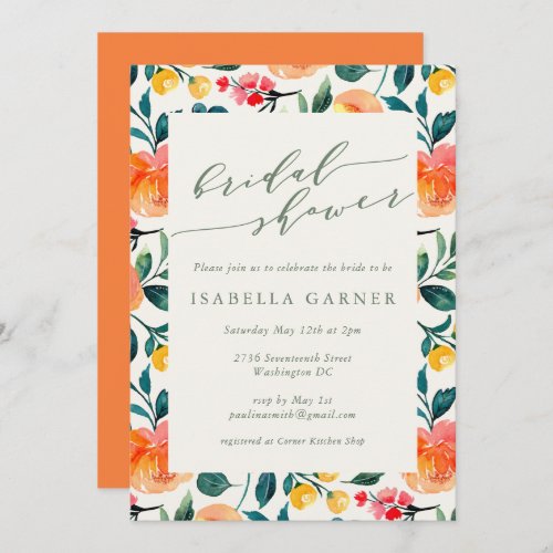 Rustic Orange Watercolor Flowers Bridal Shower Invitation