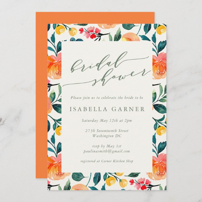 Rustic Orange Watercolor Flowers Bridal Shower Invitation (Front/Back)