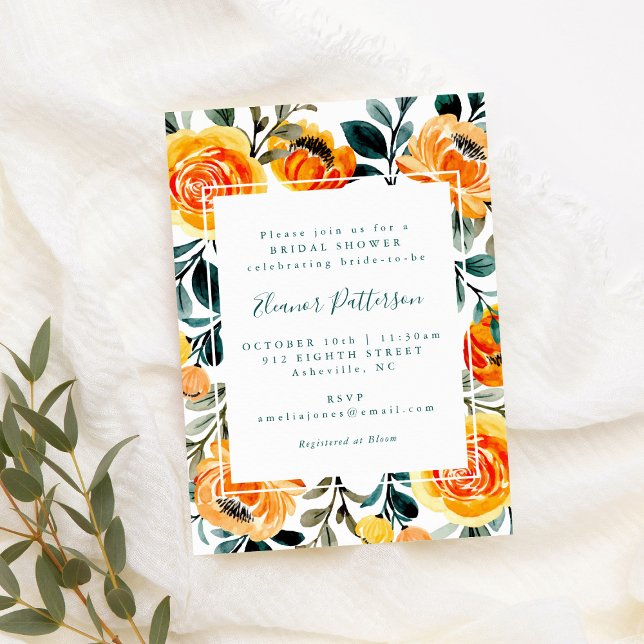 Rustic Orange Watercolor Flowers Bridal Shower Invitation (Creator Uploaded)