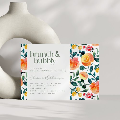 Rustic Orange Watercolor Flowers Brunch Bubbly Invitation