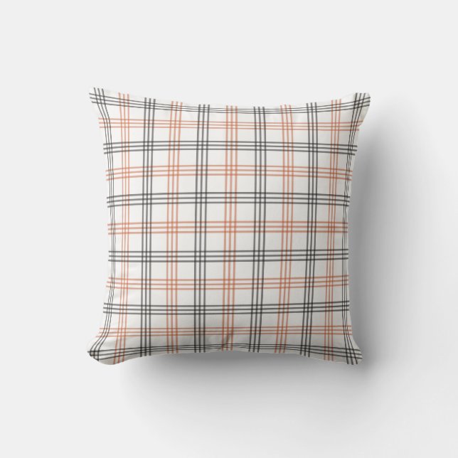 Rustic Orange, White & Black Plaid Throw Pillow (Front)