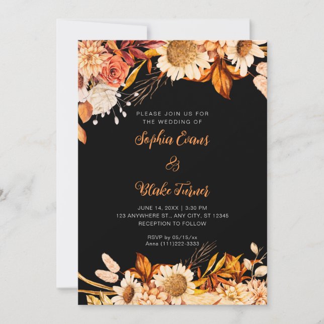Rustic Orange White Flowers Boho Gray Wedding Invitation (Front)