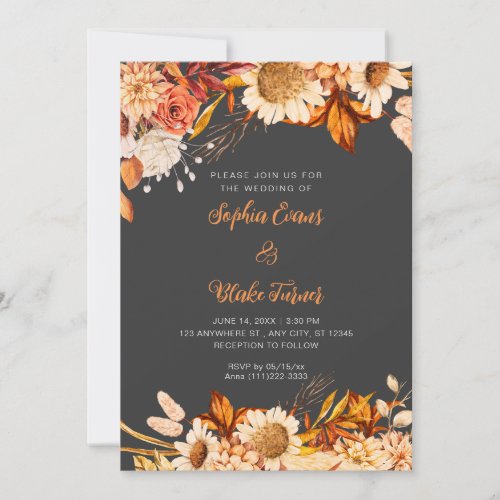 Rustic Orange White Flowers Boho Gray Wedding Invitation