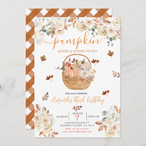 Rustic Orange White Pumpkin third birthday Invitation