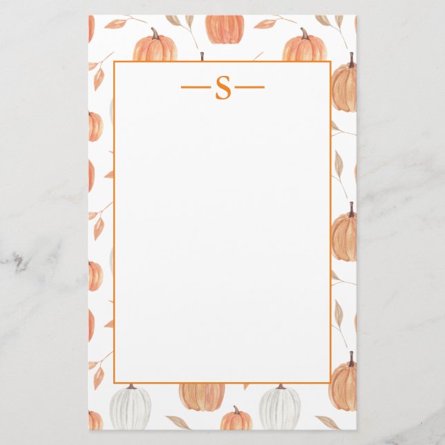 Rustic Orange White Pumpkins Fall Leaves Monogram Stationery (Front)