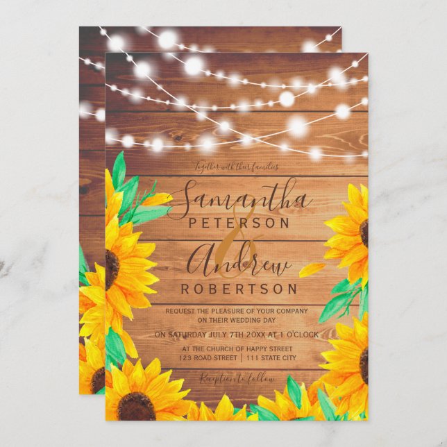 Rustic orange wood string lights sunflower wedding invitation (Front/Back)