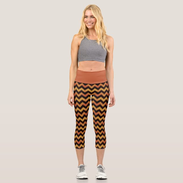 Rustic Orange Yellow And Black Zigzag Pattern Capri Leggings (Front)