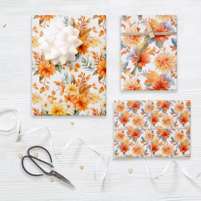 Rustic Orange & Yellow Floral Wrapping Paper Sheets (A set of coordinated burnt orange and gold floral gift wrap sheets that are great for any occasion.)