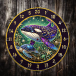 Rustic Orca and Turtle Wall Art Dart Board<br><div class="desc">Transform your man cave or fishing lodge into a haven of rustic elegance with this orca and turtle wall art. The focal point of this piece is a majestic orca, its body intricately detailed with purple, gold, and blue patterns that mimic the beauty of stained glass. Swimming alongside is a...</div>
