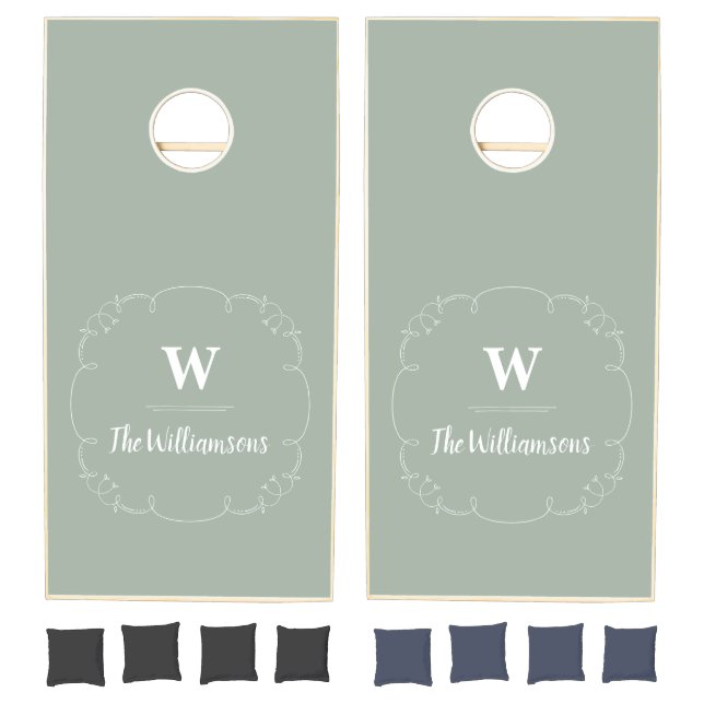 Rustic Ornate Line Drawing Frame Monogrammed Sage Cornhole Set (Set)