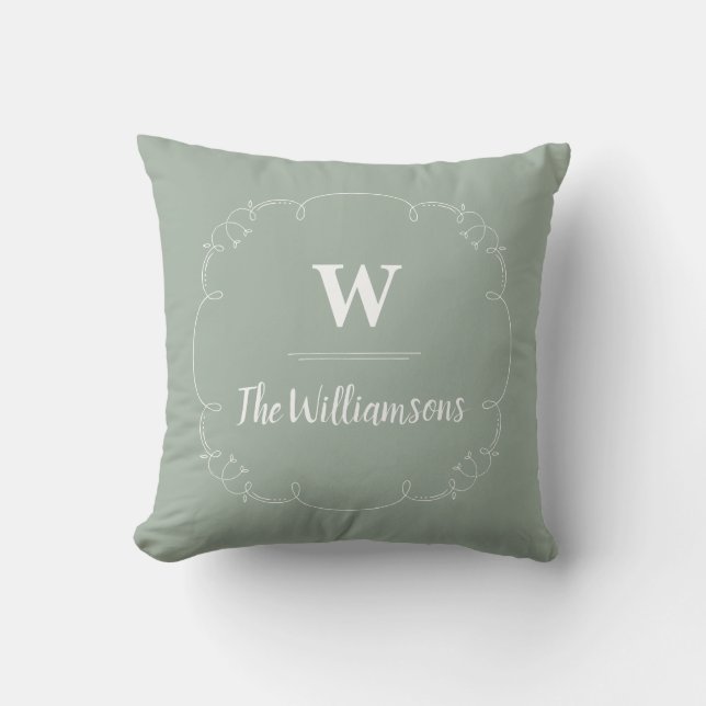 Rustic Ornate Line Drawing Frame Monogrammed Sage Throw Pillow (Front)