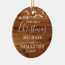 Rustic Our First Christmas Couple Personalized Ceramic Ornament | Zazzle