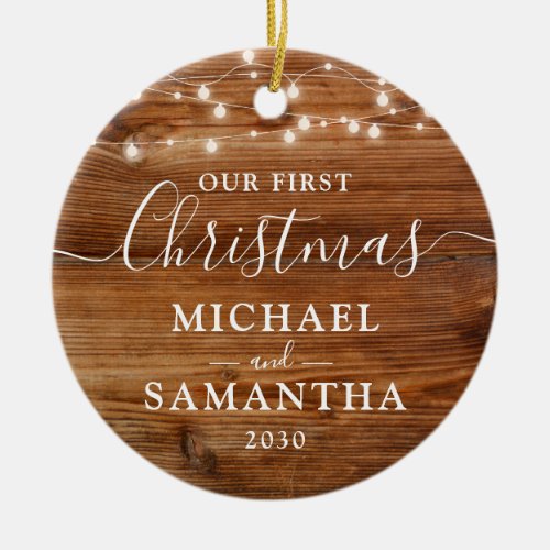 Rustic Our First Christmas Couple Personalized Ceramic Ornament