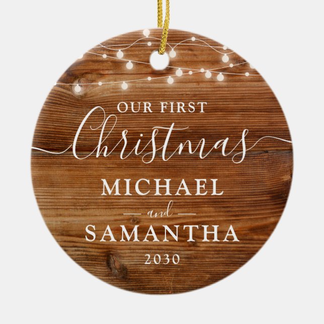 Rustic Our First Christmas Couple Personalized Ceramic Ornament (Front)