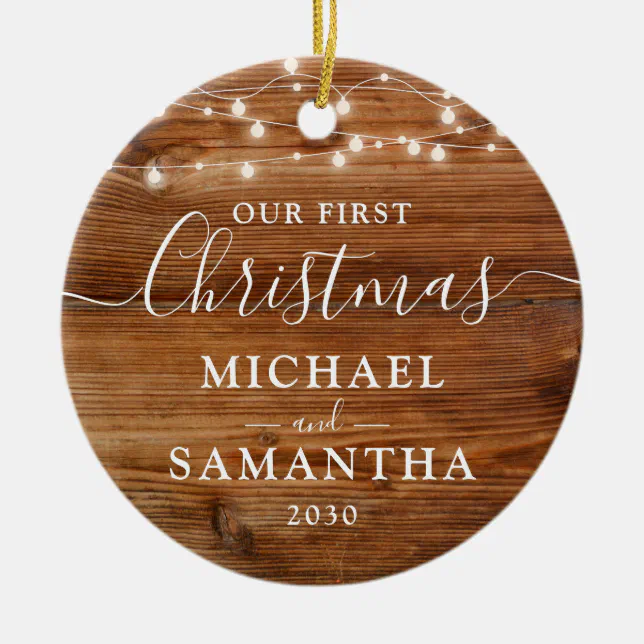 Rustic Our First Christmas Couple Personalized Ceramic Ornament | Zazzle
