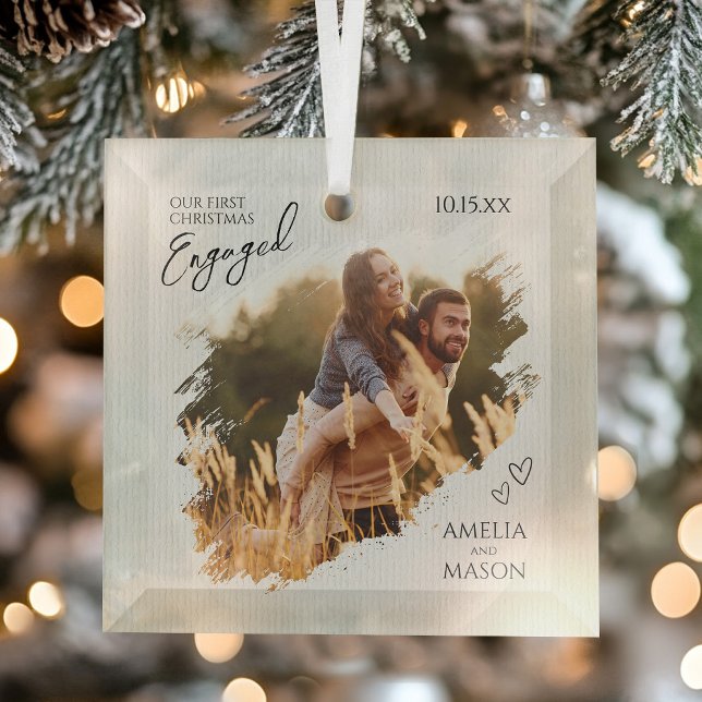 Rustic Our First Christmas Engaged Photo Christmas Glass Ornament (Rustic Our First Christmas Engaged Photo Christmas Glass Ornament)